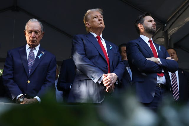 Michael Bloomberg, Republican presidential nominee former President Do<em></em>nald Trump and Republican vice presidential nominee JD Vance attend the 9/11 Memorial ceremony