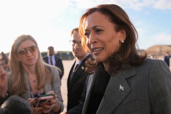 Vice President Kamala Harris, Democratic presidential nominee, speaking to the media upon her arrival at Andrews Air Force ba<em></em>se, September 22, 2024.